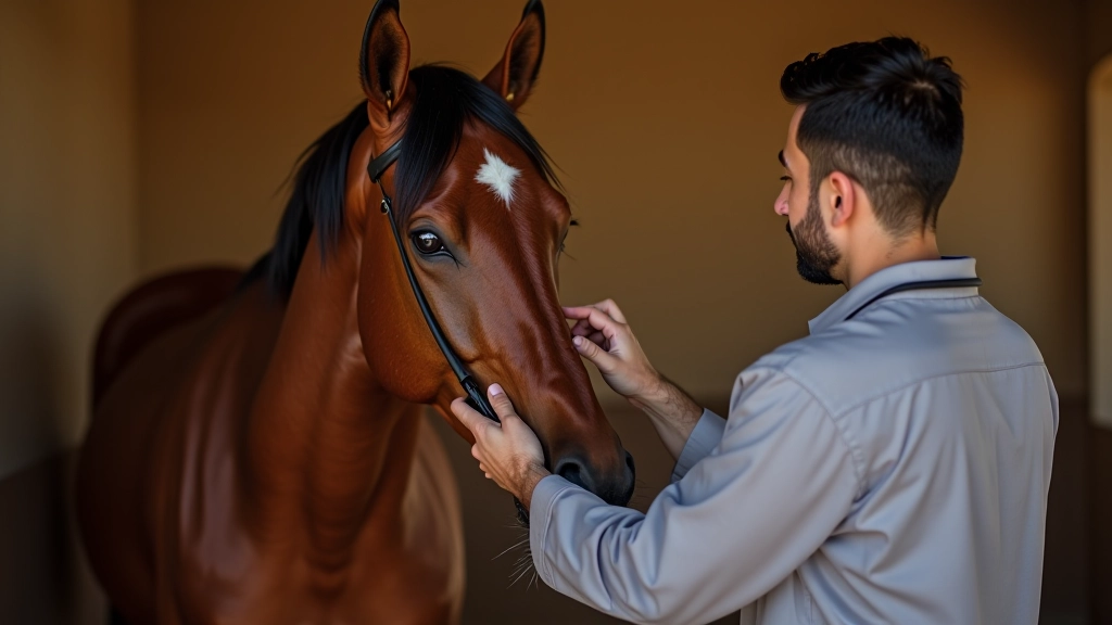 حصان عربي أصيل يتم فحصه من قبل متخصص، يد الطبيب البيطري تفحص صحة الحصان