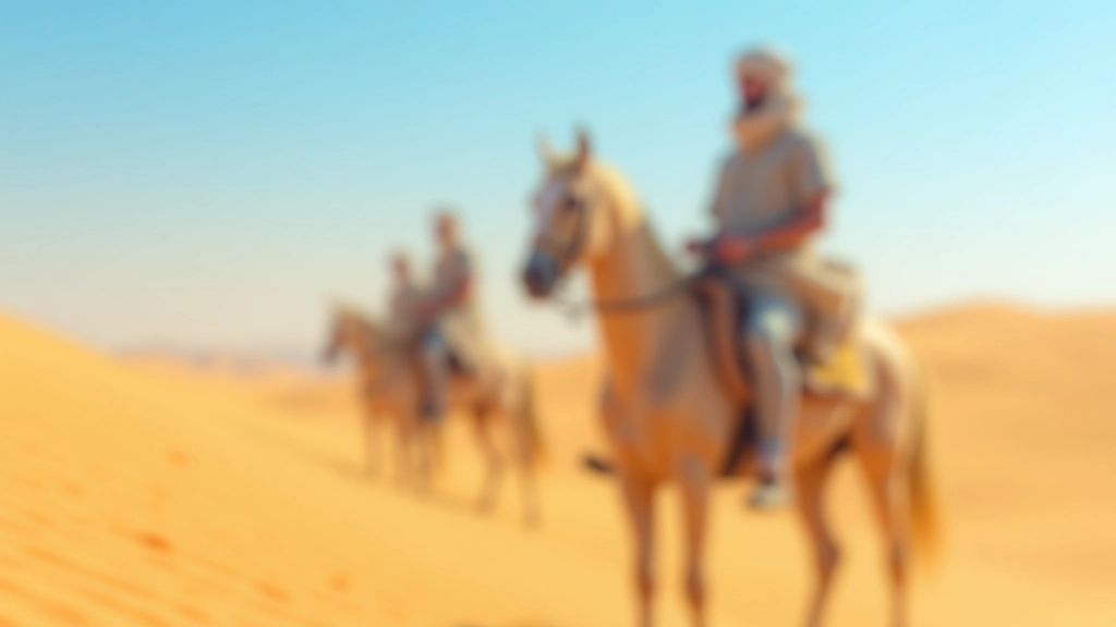 فارس يركب حصان عربي أصيل في صحراء مصرية، الرمال الذهبية والسماء الزرقاء في الخلفية