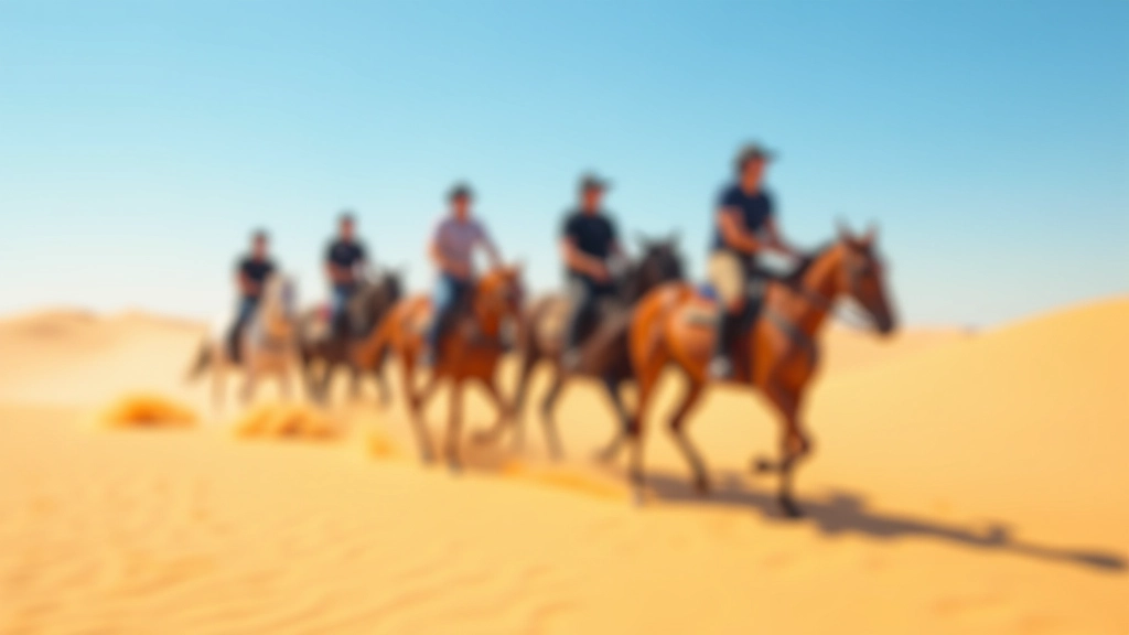 مجموعة من الفرسان يركبون الخيول عبر المنطقة الصحراوية الواسعة، الكثبان الرملية والسماء الزرقاء، مشهد مثير