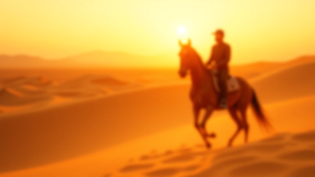 راكب خيل يركب عبر كثبان رملية ذهبية في واحة سيوة، شروق الشمس، منظر درامي